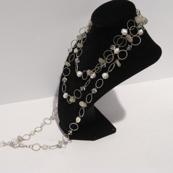 ASKA Long Chain Layered Necklace Silver Toned White Beads Clear Square Pendant - Picture 1 of 13
